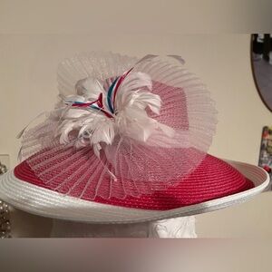 Hat- Pink and white w/2 tiny teal feathers. Worn 1x KY derby! Beautiful design.